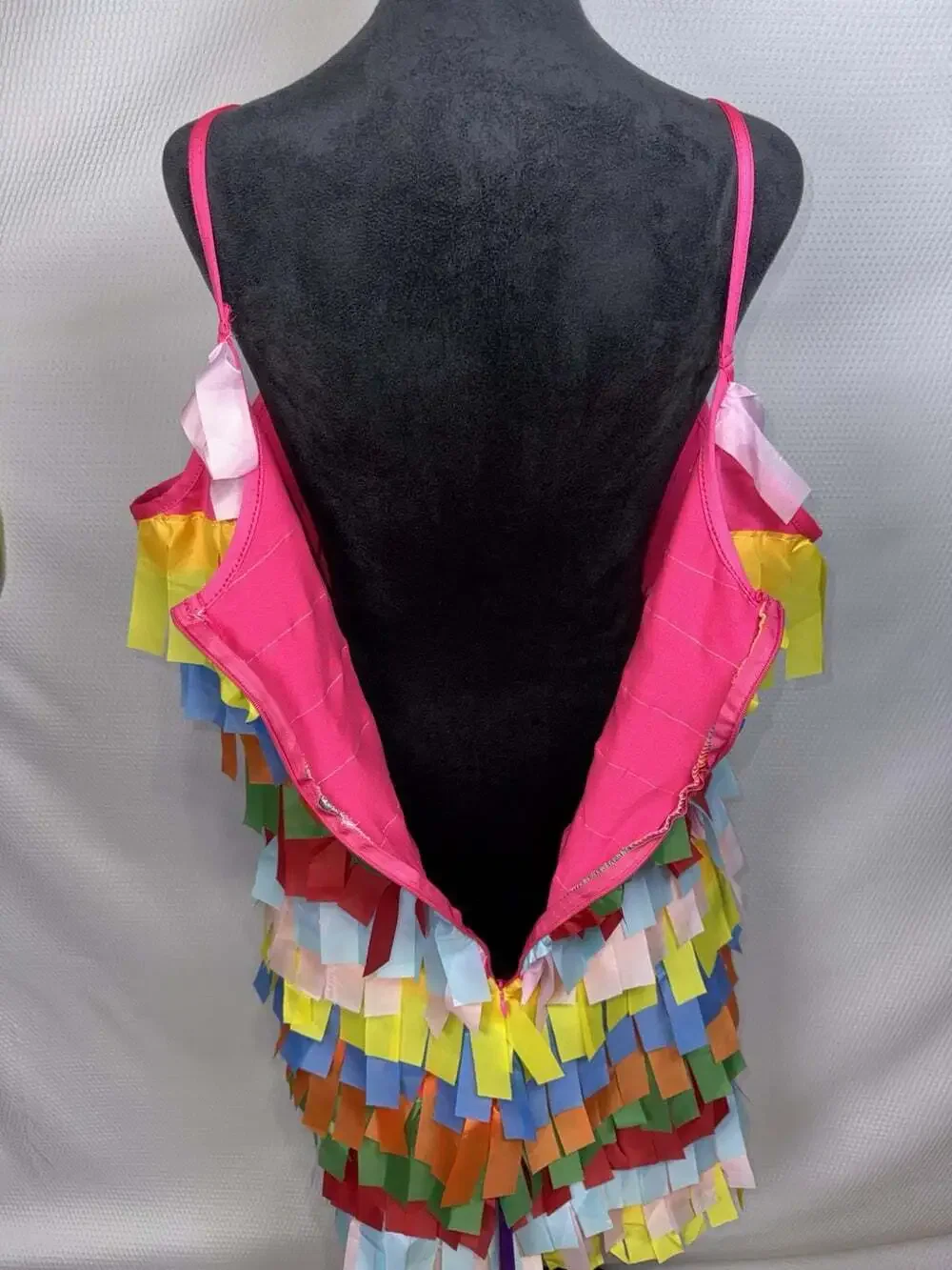 Womens XL Rainbow Fringe Piñata Halloween Costume Dress Headpiece Leg Warmer Set